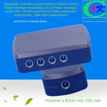 DC5521 8-portos tápegység elosztó doboz LED világításhoz 2.1×5.5 mm csatlakozóval