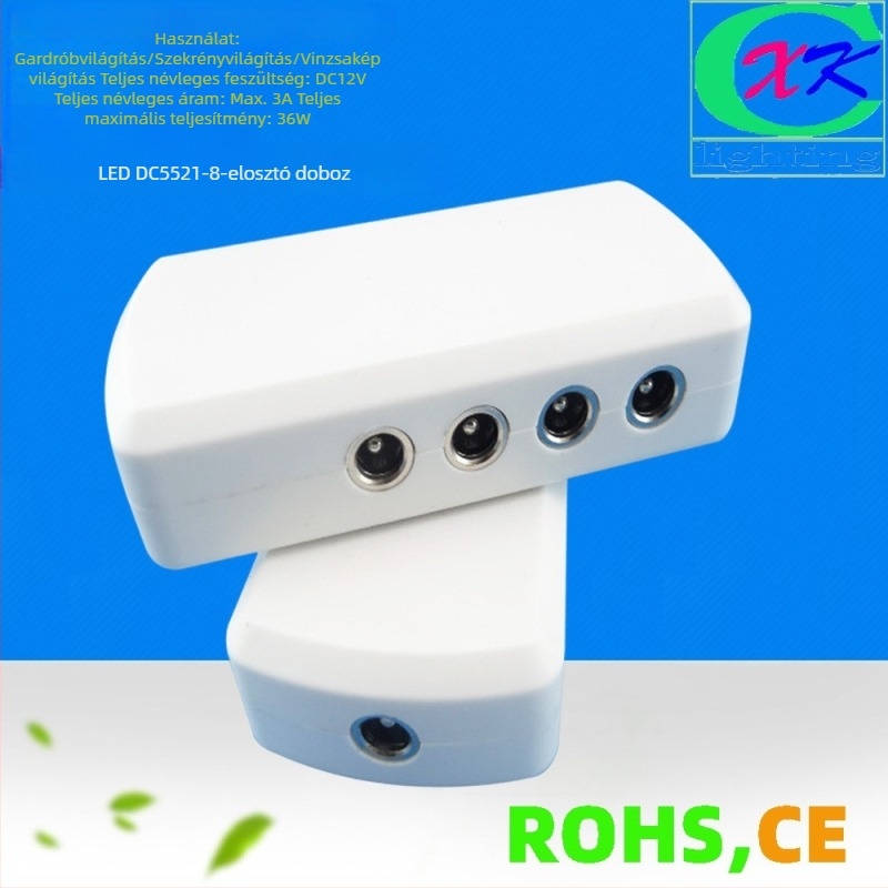 DC5521 8-portos tápegység elosztó doboz LED világításhoz 2.1×5.5 mm csatlakozóval