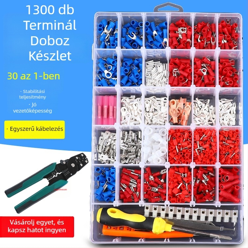 Hideg préselésű huzalterminál blokk réz butt csatlakozókkal, 30-in-1 kombinált doboz, 1300 pólusú készlet