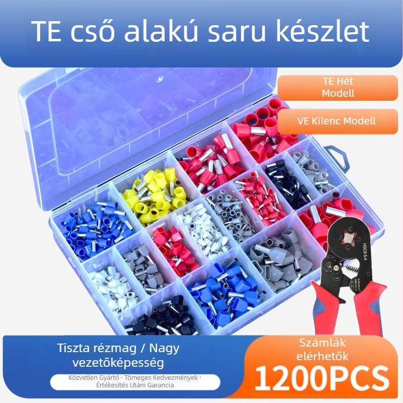 TE1200 db európai stílusú tüské típusú terminálok, kettővezetékes cső alakú előszigetelt terminálok, vezeték-csatlakozó terminálok