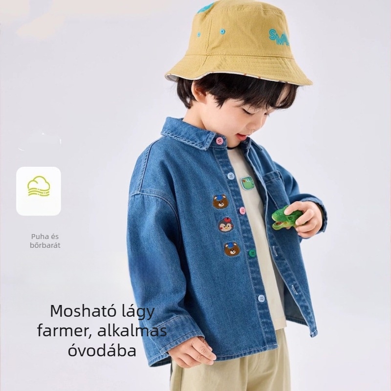 Gyerekeknek szóló mosott denim dzseki galléros, hosszú ujjú, tavasz–ősz kényelmes külső ruházat, 91–95% pamut