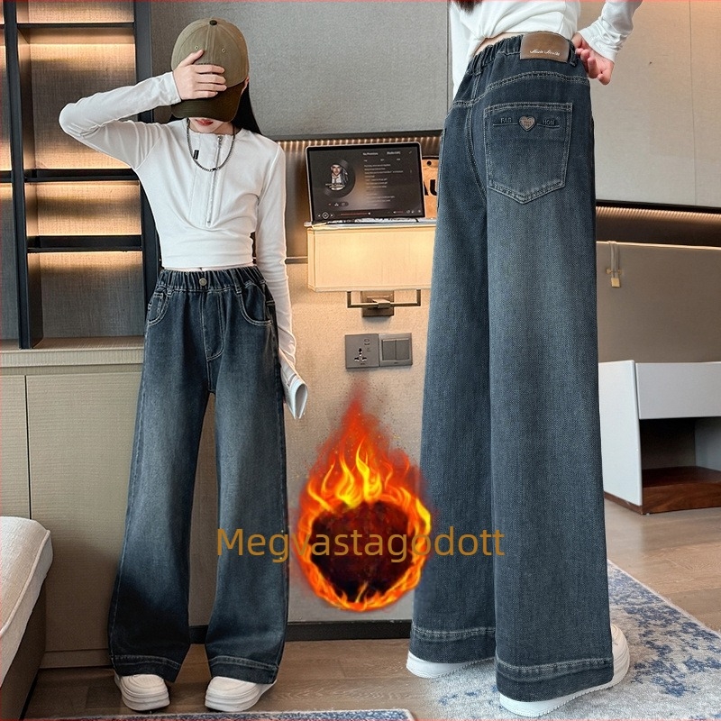 Lányoknak szóló farmernadrág, koreai stílusú széles szabású, téli fleece béléssel, magas derekú, elasztikus övvel