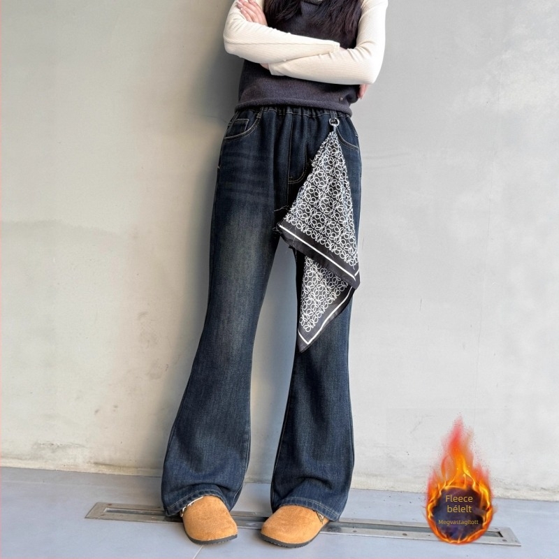 Lányoknak készült fleece-sel bélelt, széles lábú farmernadrág, vastag denim; 67% pamut, 32% poliészter, 1% elasztán; fleece anyag; tél