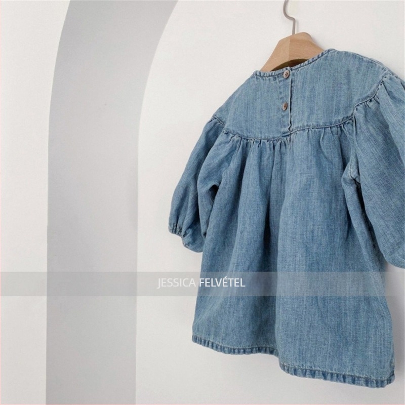 Koreai stílusú gyerekeknek készült denim ruha, hosszú ujjú, hercegnő vonal, 95% pamut, 3–8 éveseknek