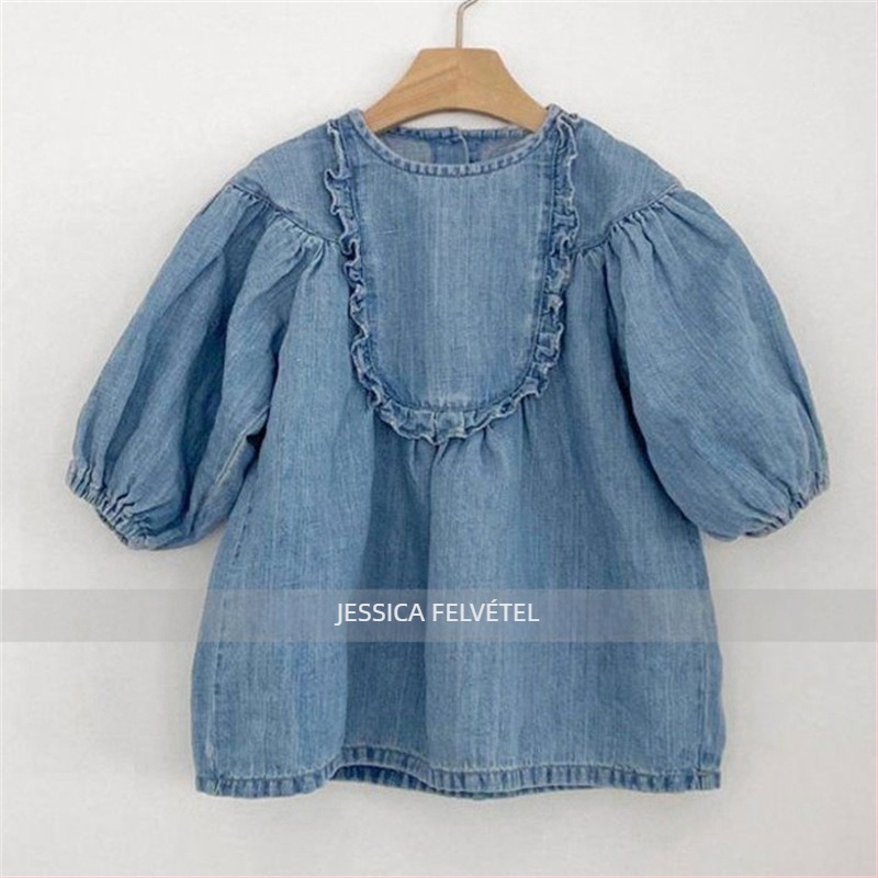 Koreai stílusú gyerekeknek készült denim ruha, hosszú ujjú, hercegnő vonal, 95% pamut, 3–8 éveseknek