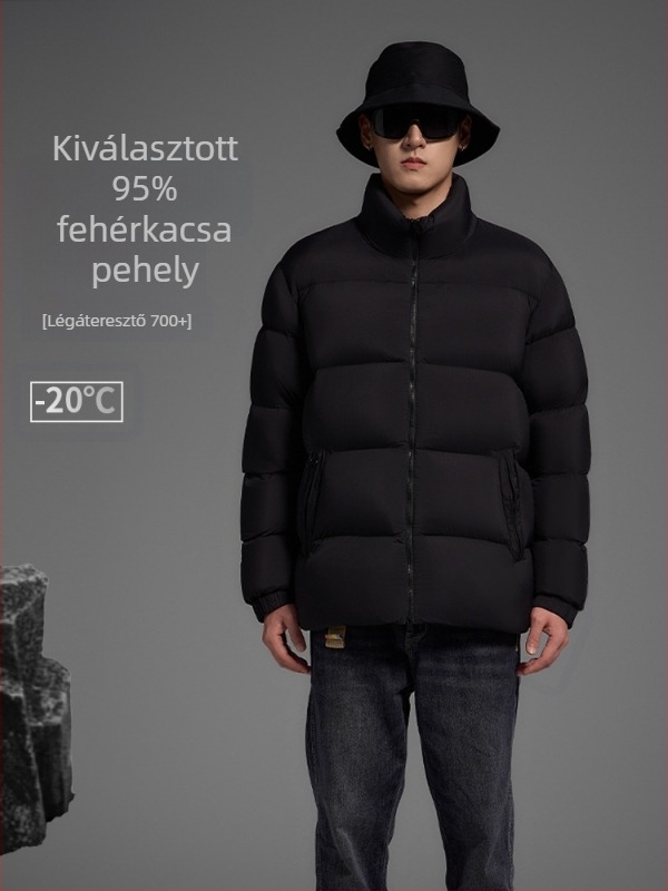 Férfi tollkabát álló gallérral, vastagított, egyszínű mintázat, kacsa tollal töltve, 210–268 g