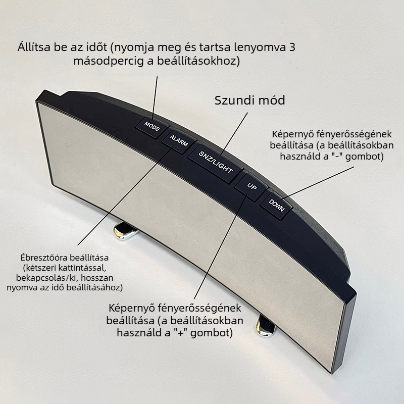 Asztali ébresztőóra szundi funkcióval, külső tápegységgel, műanyag tokkal és számlappal, egyszerű és modern dizájn.