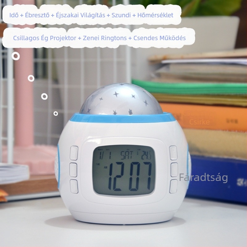 Csillagos ég projektoros óra, zene és ébresztő, modell 1038, LCD kijelző, hőmérő, örök kalendárium