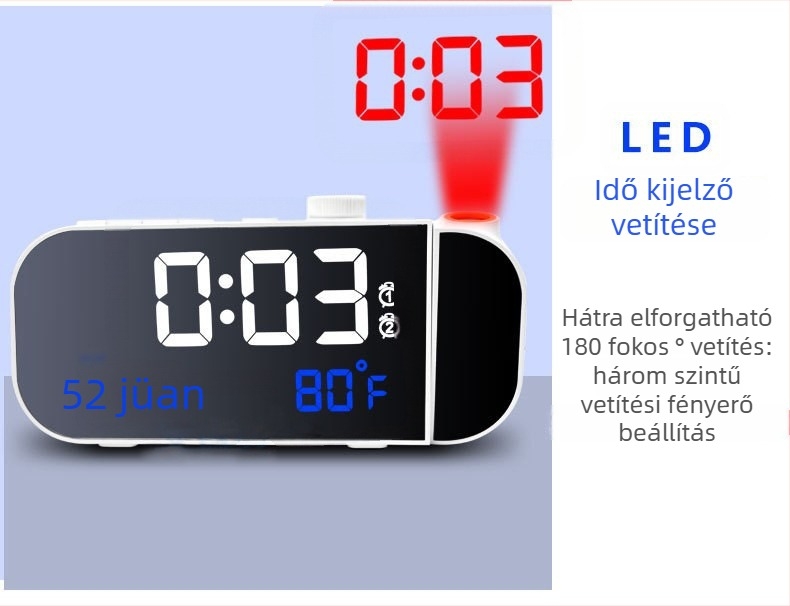 Vetítőóra külső tápegységgel, műanyag ház és műanyag számlap, modern minimalist stílusban