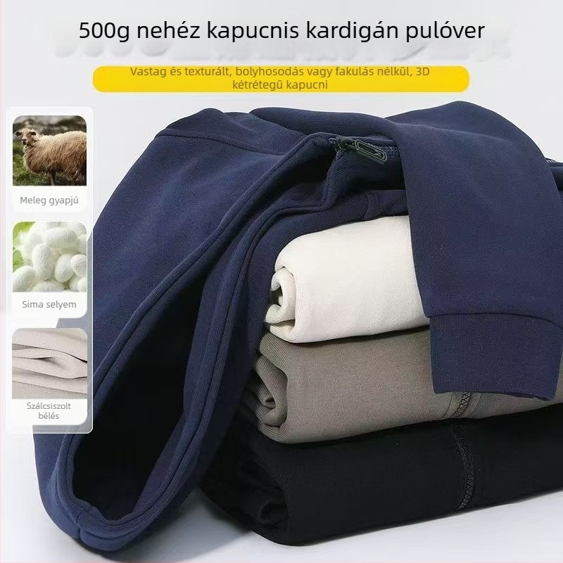 500g vastag pamut kapucnis kardigán cipzárral, férfiaknak, casual, őszi 2024