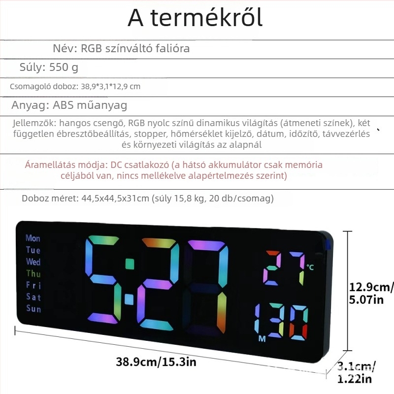 Fali óra LED számokkal, elektronikus működtetés, külső tápegység, ébresztő, örök naptár