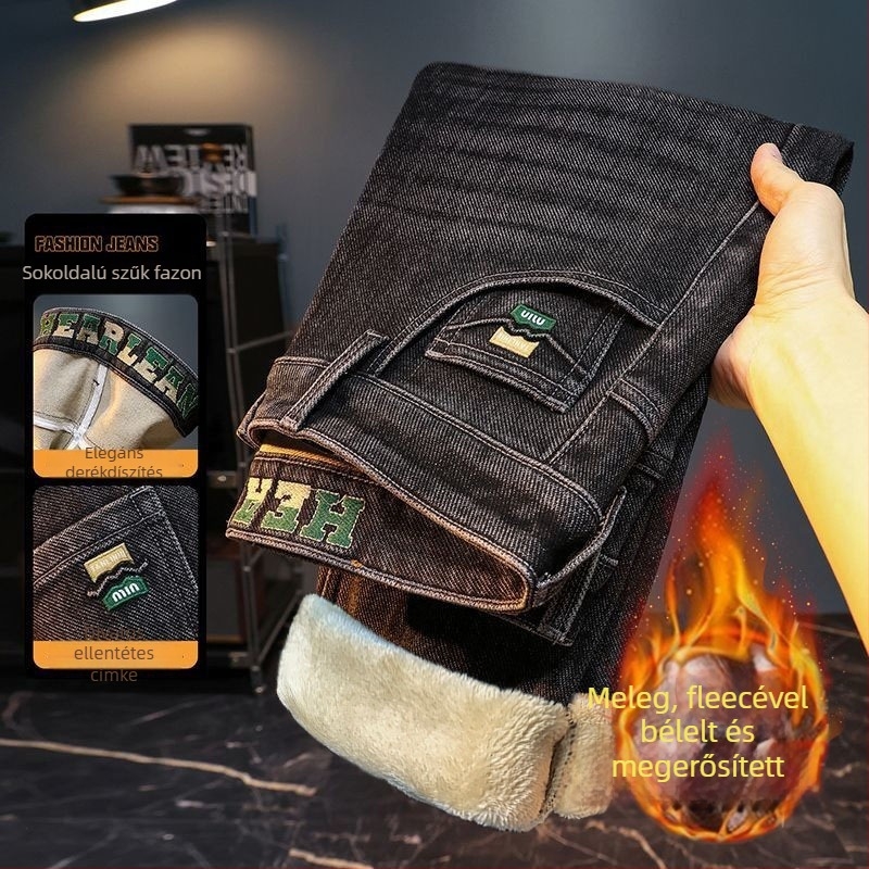 Férfi farmernadrág, egyenes szabású, téli fleece-bélés, denim 60% pamut, cipzáras zárás