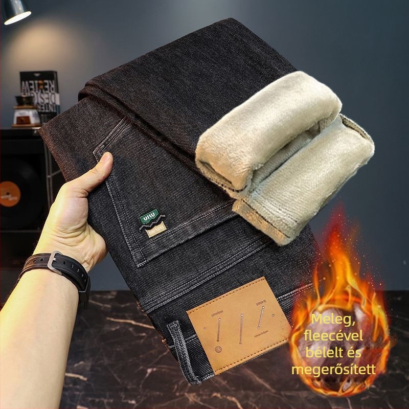 Férfi farmernadrág, egyenes szabású, téli fleece-bélés, denim 60% pamut, cipzáras zárás