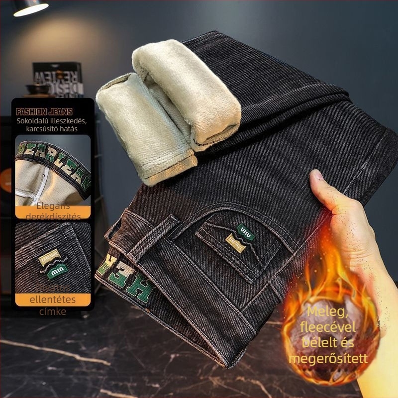 Férfi farmernadrág, egyenes szabású, téli fleece-bélés, denim 60% pamut, cipzáras zárás