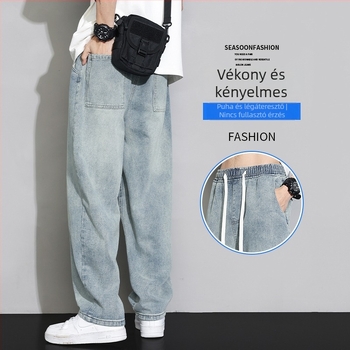 Férfi denimnadrágok, egyenes és bő szabású, elasztikus derék, mindennapi casual nadrágok minden évszakra.