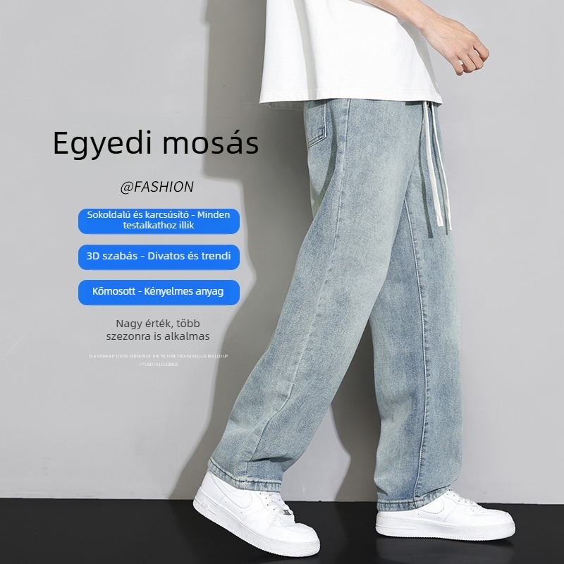 Férfi denimnadrágok, egyenes és bő szabású, elasztikus derék, mindennapi casual nadrágok minden évszakra.
