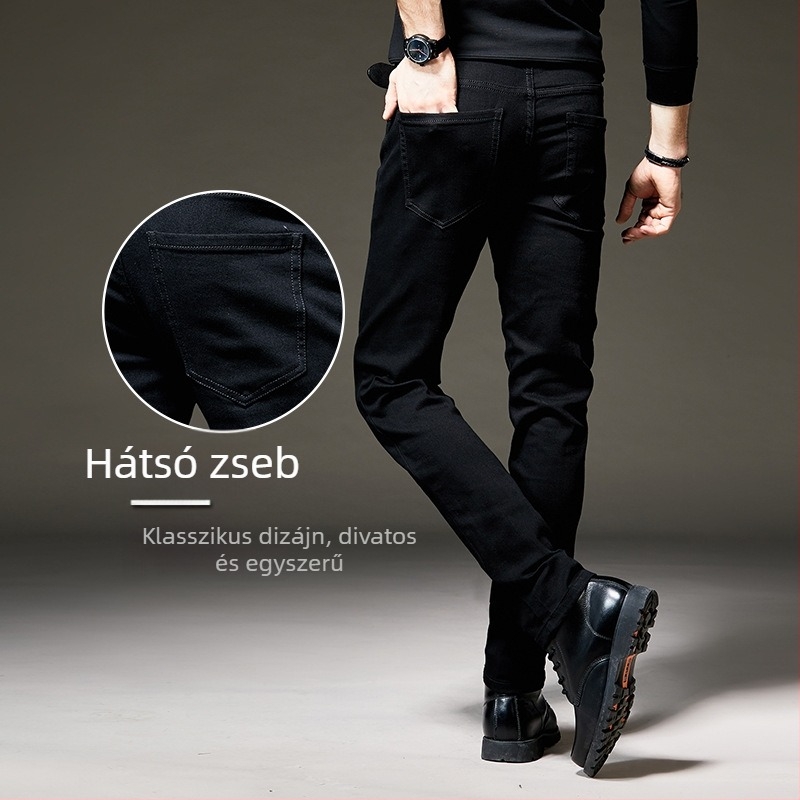 Férfi koreai stílusú farmernadrág fleece béléssel, karcsú szabású, egyenes szárú, elasztikus denim