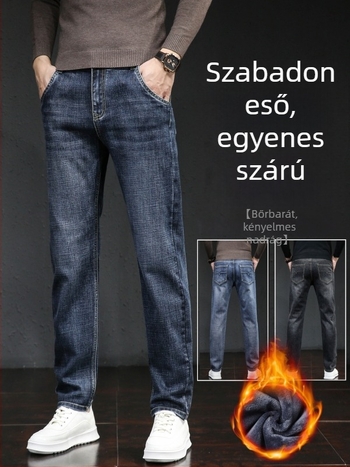 Férfi téli farmernadrág fleece-béléssel, laza straight szabású, középmagas derekú, zipzár, pamut-denim keverék (73% pamut, 25,8% poliészter, 1,2% spandex)