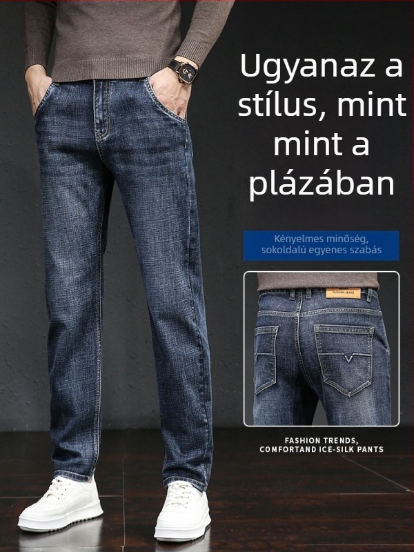 Férfi téli farmernadrág fleece-béléssel, laza straight szabású, középmagas derekú, zipzár, pamut-denim keverék (73% pamut, 25,8% poliészter, 1,2% spandex)