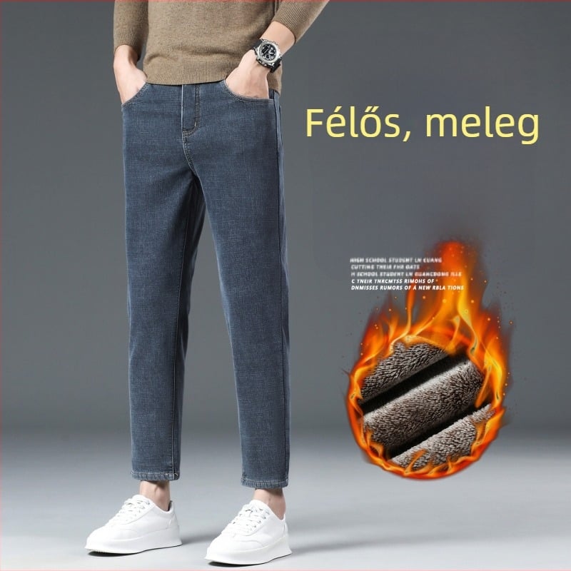 Férfi pamut farmernadrág fleece béléssel és rugalmassággal, középmagas derék, egyenes szabás, bokáig érő hossz, cipzár
