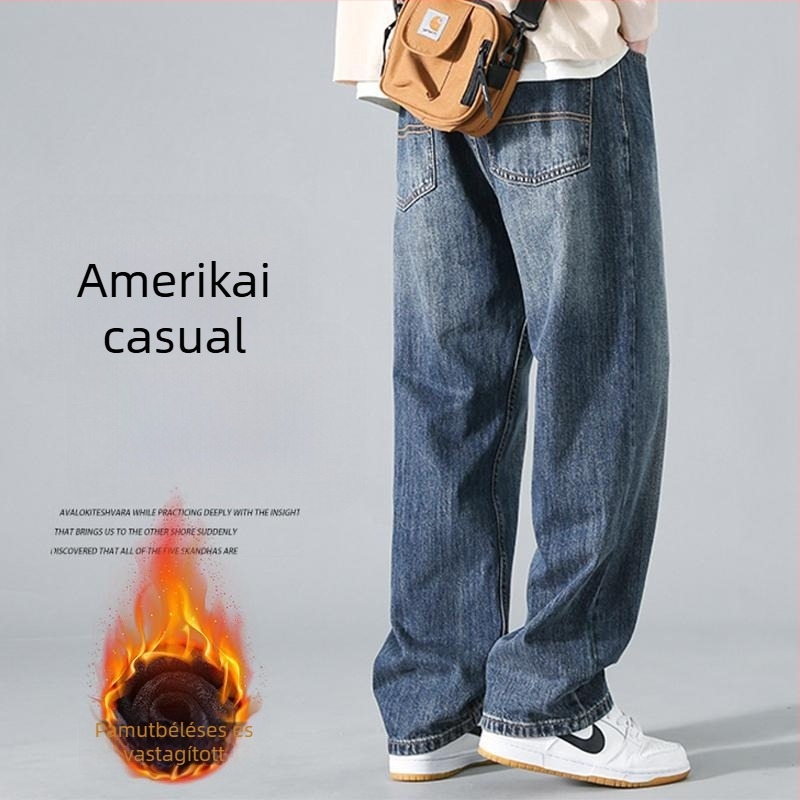 Férfi egyenes szabású farmernadrág denim anyagból, középmagas derekú, mikroelasztikus, japán stílusú munkaruházat, szabadidőre