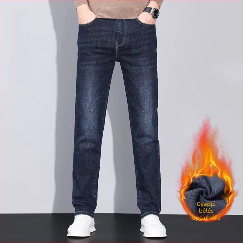 Férfi téli fleece-béléssel készült denim farmer, lazán szabott, magas derekú, egyenes szárú, enyhe elasztikusság