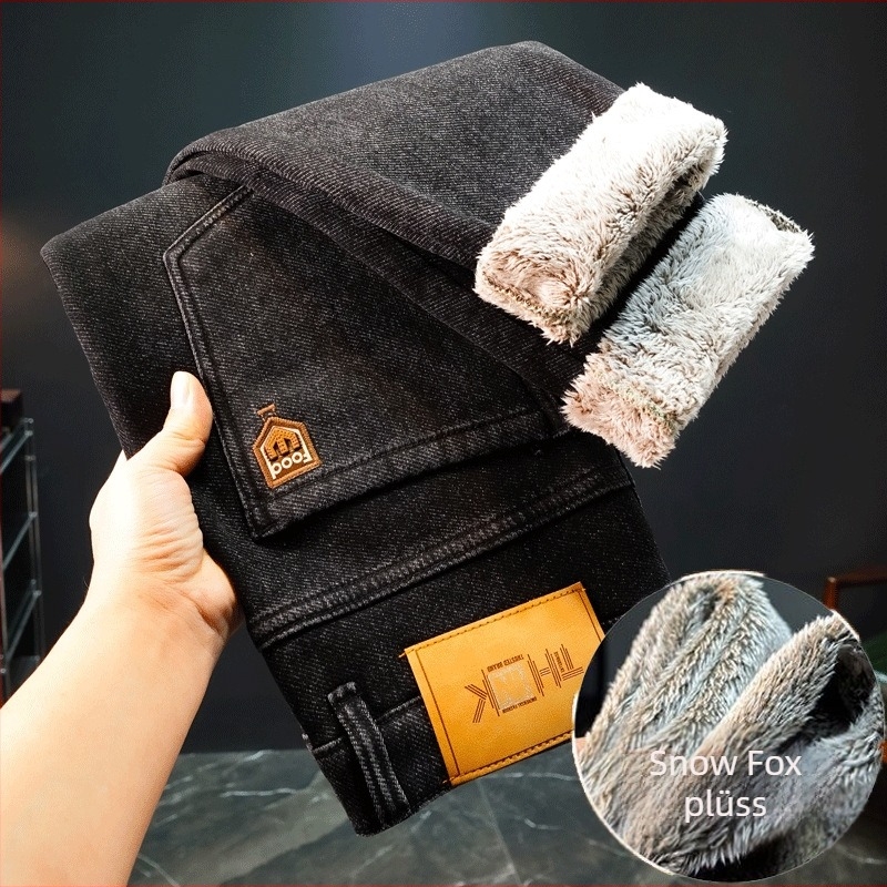 Férfi farmernadrág fleece-béléssel, egyenes szabású, középmagas derekú, cipzáras zárás