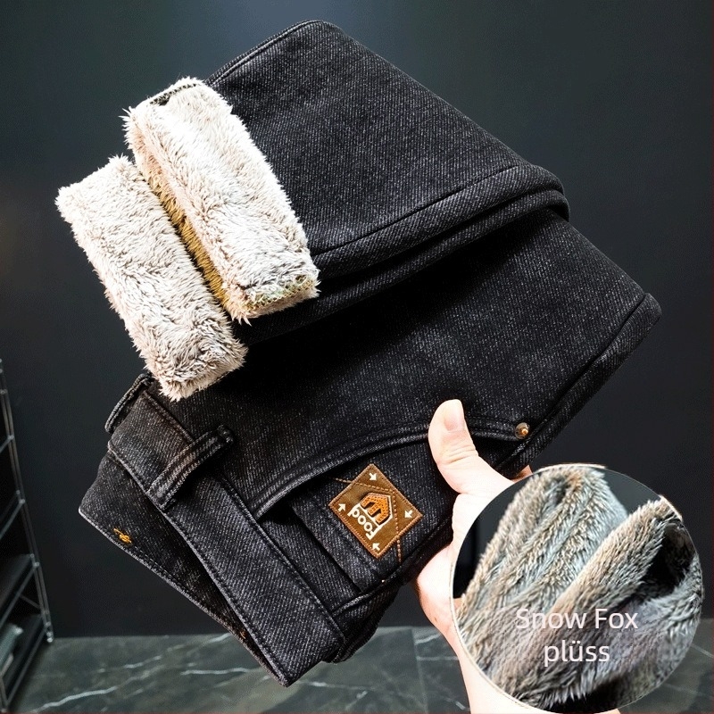 Férfi farmernadrág fleece-béléssel, egyenes szabású, középmagas derekú, cipzáras zárás