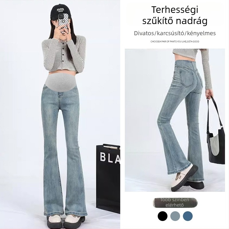 Kismama denim nadrág, magas rugalmasságú, mikro-flare szabás, has-támogatás (Denim 95%+, egész éves viselet)