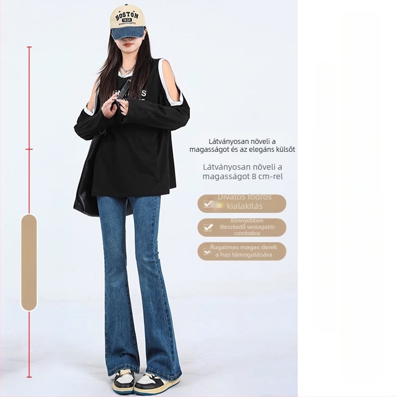 Kismama denim nadrág, magas rugalmasságú, mikro-flare szabás, has-támogatás (Denim 95%+, egész éves viselet)