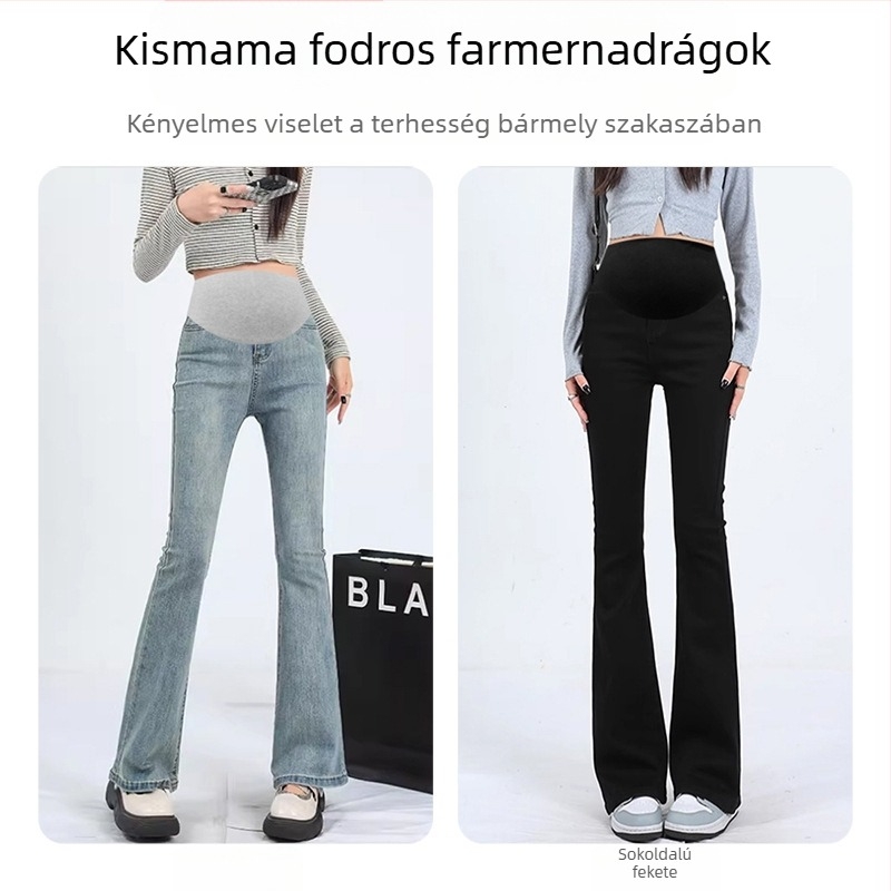 Kismama denim nadrág, magas rugalmasságú, mikro-flare szabás, has-támogatás (Denim 95%+, egész éves viselet)