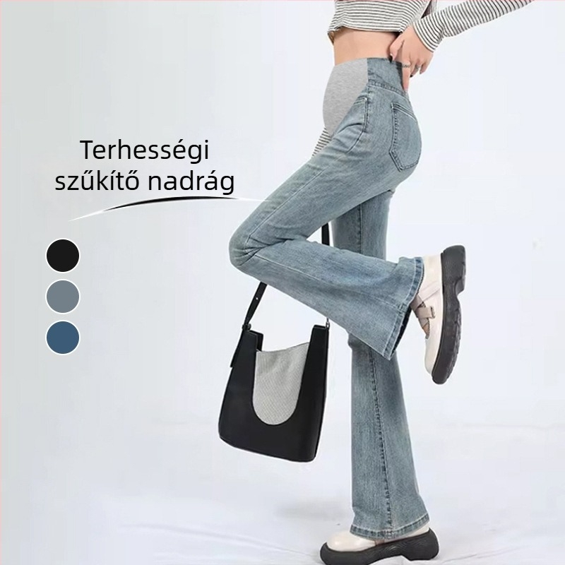 Kismama denim nadrág, magas rugalmasságú, mikro-flare szabás, has-támogatás (Denim 95%+, egész éves viselet)