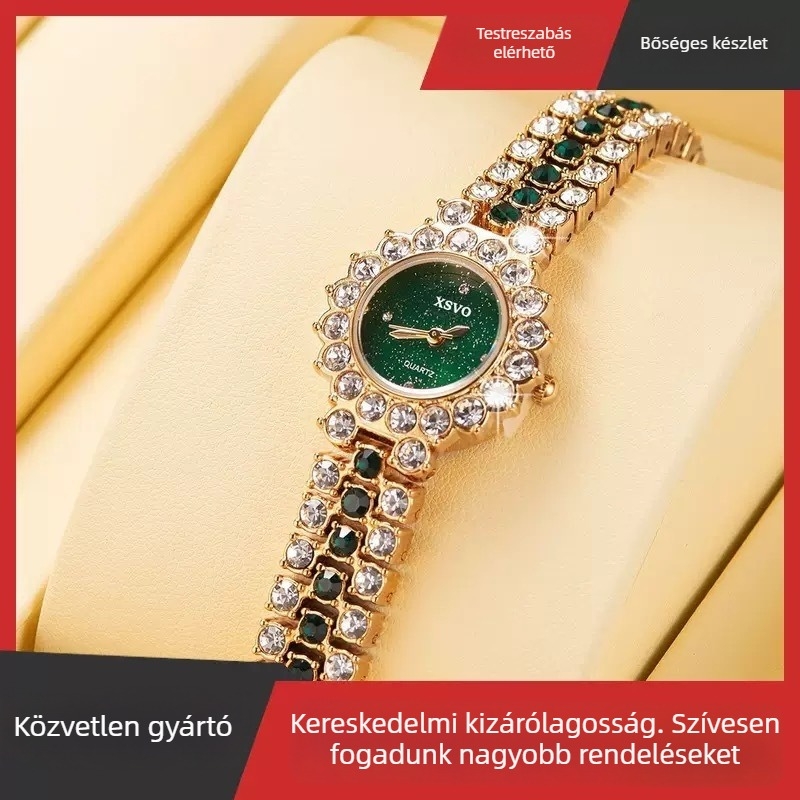 Női quartz karóra, modell 618, 30 mm-es számlap, 7 mm-es vastagság, tokkal és szíjjal készült ötvözet, spirál korona.