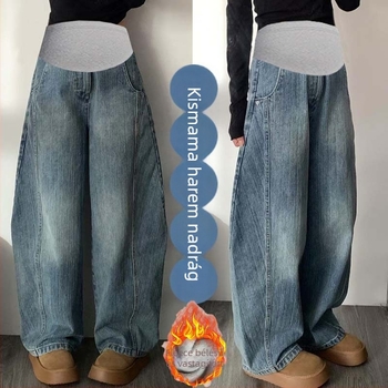Kismama farmer nadrág scimitar szabással, őszi-téli, amerikai retro stílus, fleece-béléssel, vastag, alacsony testmagassághoz