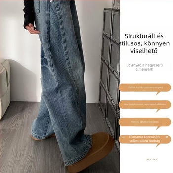 Kismama farmer nadrág scimitar szabással, őszi-téli, amerikai retro stílus, fleece-béléssel, vastag, alacsony testmagassághoz