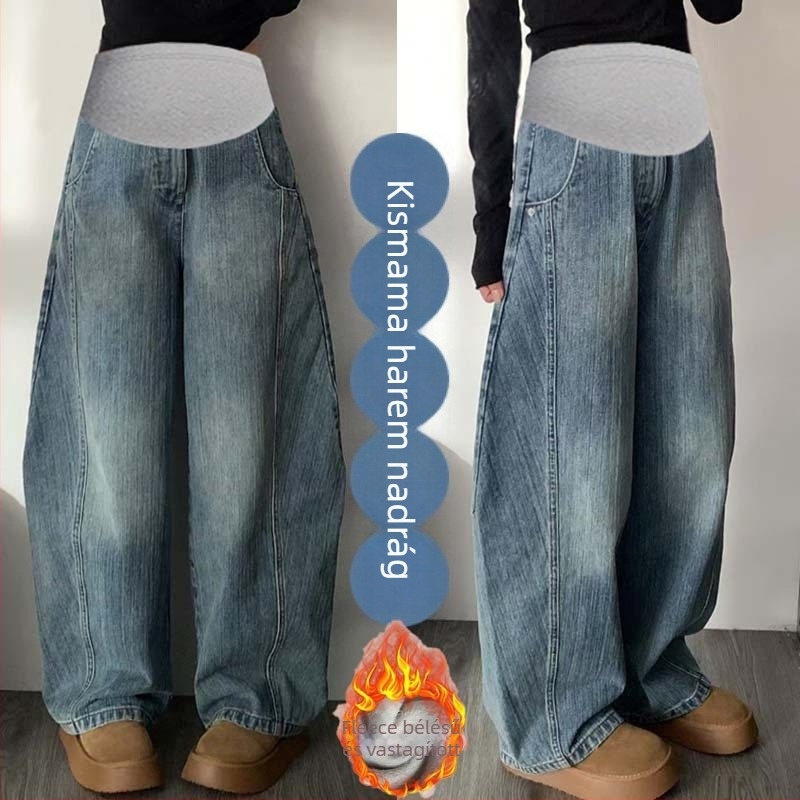 Kismama farmer nadrág scimitar szabással, őszi-téli, amerikai retro stílus, fleece-béléssel, vastag, alacsony testmagassághoz