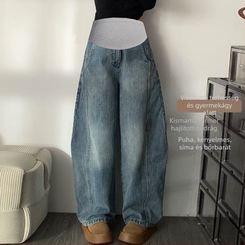 Kismama farmer nadrág scimitar szabással, őszi-téli, amerikai retro stílus, fleece-béléssel, vastag, alacsony testmagassághoz