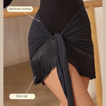 Latina tánc ruházat egyben vállöv és wrap szoknya, bojt részlet, pliszírozás, Milk Silk anyag, 90–95% poliészter, elegáns stílus