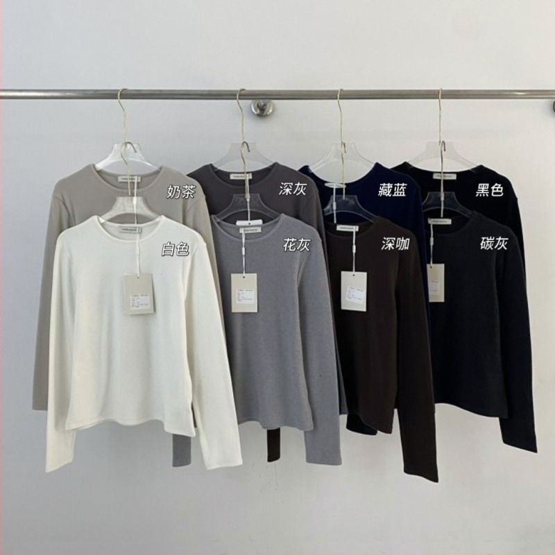 Pamut póló kerek nyakkal, hosszú ujjú, minimalist stílus, japán-koreai lazább stílus, normál hosszúság 50-65 cm