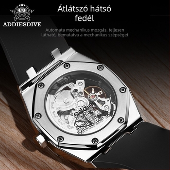 Férfi automata mechanikus karóra skelet dizájn, áttetsző hátlappal, 100 m vízállóság, szilikon szíj.