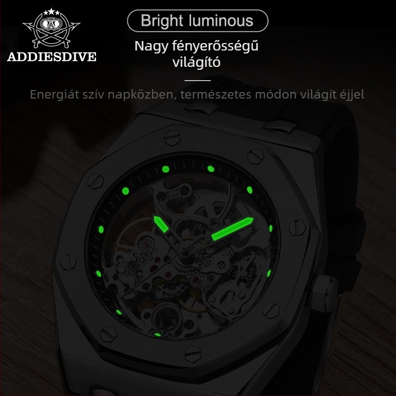Férfi automata mechanikus karóra skelet dizájn, áttetsző hátlappal, 100 m vízállóság, szilikon szíj.