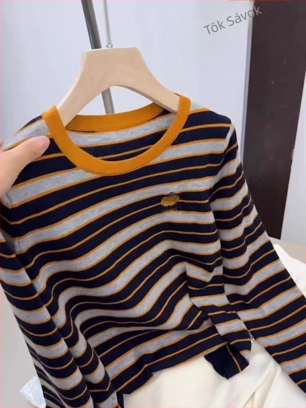 Női kötött felső hosszú ujjú, kerek nyakú, csíkos blokk mintázat, hímzés, viszkóz-spandex keverék