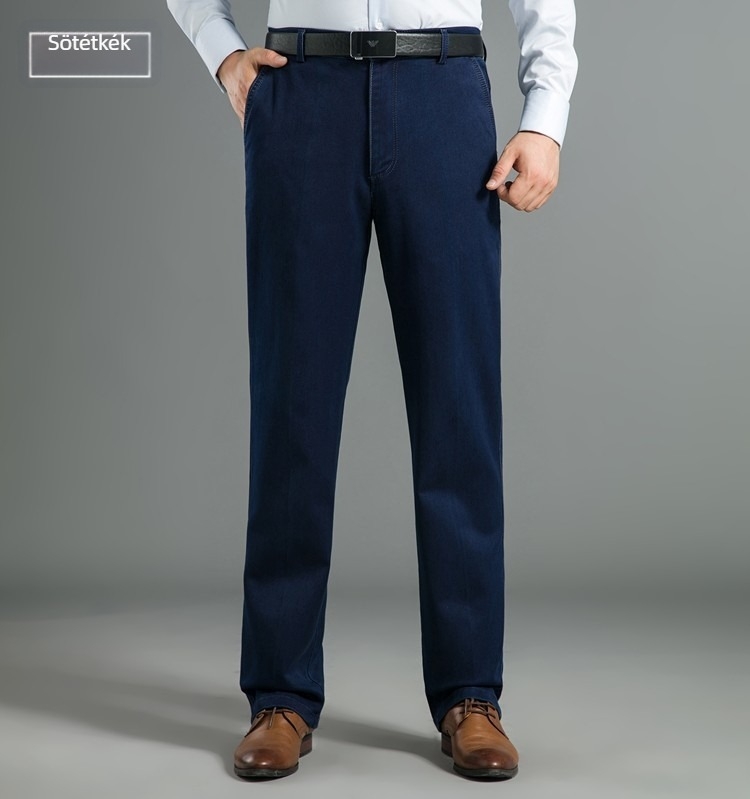 Őszi-téli egyenes szárú farmernadrág, laza szabás, vastag denim, rugalmas, középkorú és idősebb férfiaknak