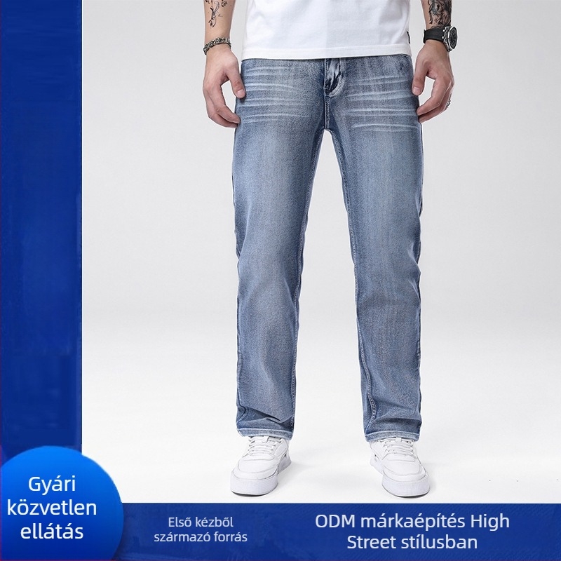 Férfi mid-rise pamut-stretch denim nadrág, prémium minőségű, egyenes szárú, sokoldalú