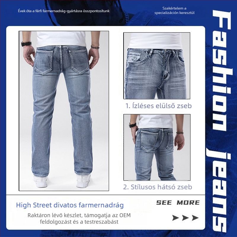 Férfi mid-rise pamut-stretch denim nadrág, prémium minőségű, egyenes szárú, sokoldalú