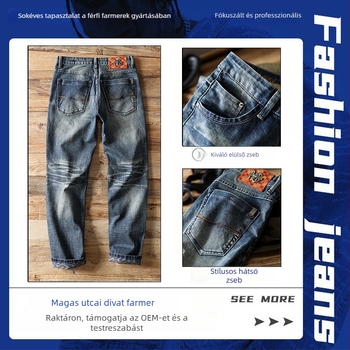 Férfi farmernadrág - elasztikus, egyenes szabású, középmagas derekú, cipzáras, 62% pamut