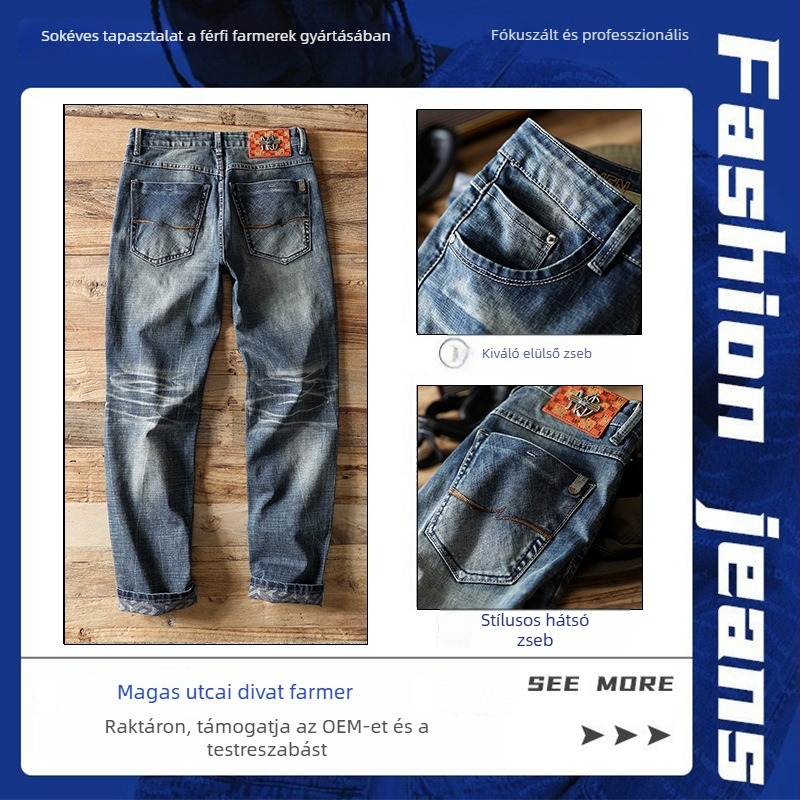 Férfi farmernadrág - elasztikus, egyenes szabású, középmagas derekú, cipzáras, 62% pamut