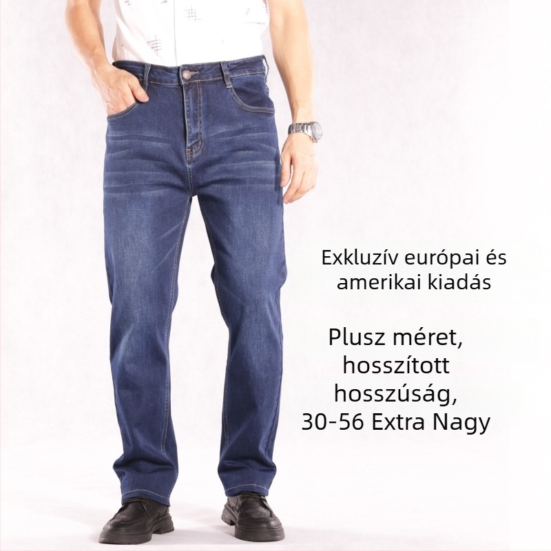 Férfiaknak egyenes szárú, elasztikus farmernadrág, magas derék, pamut denim, mindennapi viselet