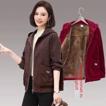Fleece bevonatú kapucnis női kabát, casual rövid fazon, 3/4-es ujjak, irodalmi retro stílus, PVC anyag