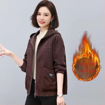 Fleece bevonatú kapucnis női kabát, casual rövid fazon, 3/4-es ujjak, irodalmi retro stílus, PVC anyag